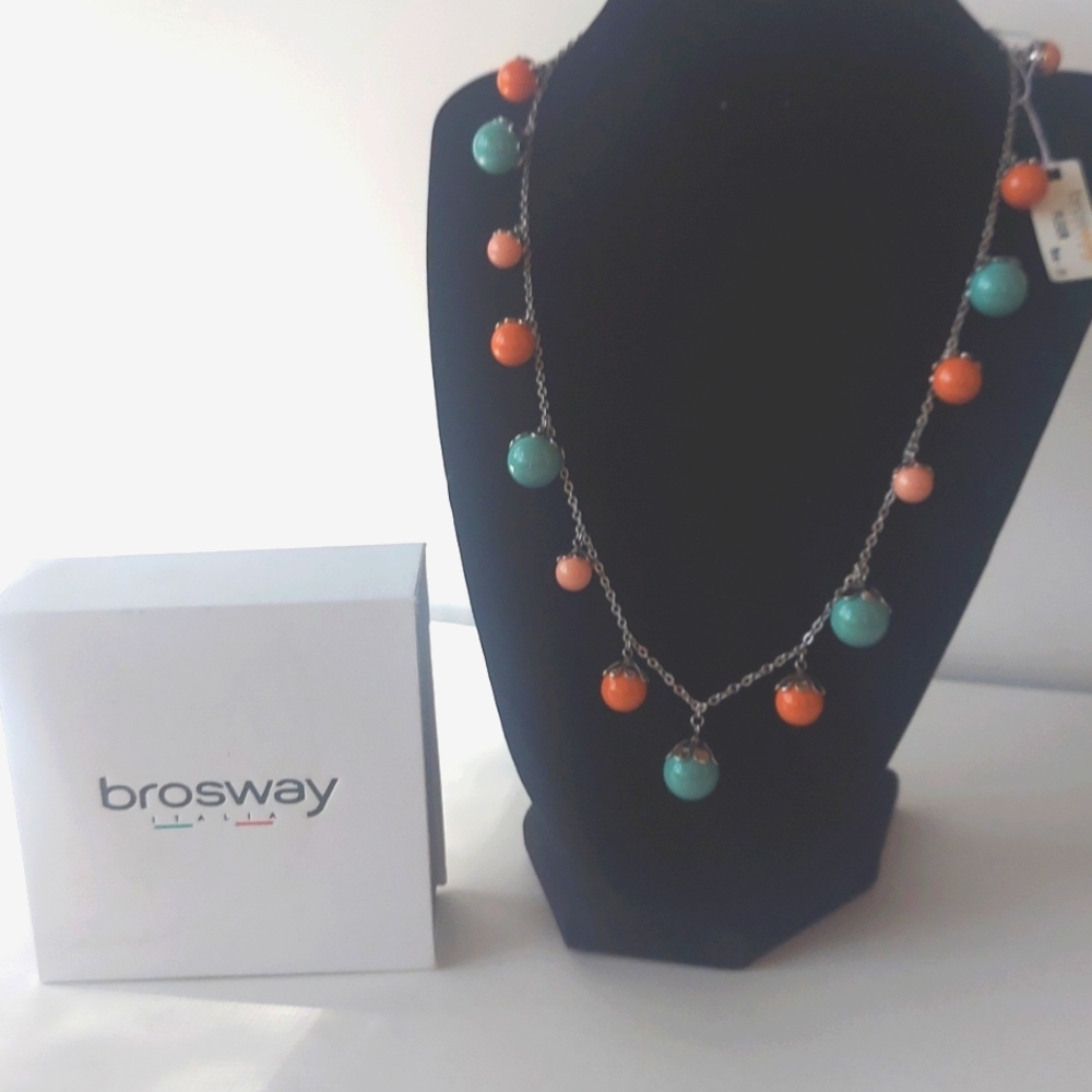 Silvertone Italian necklace with coral & turquoise color beads.